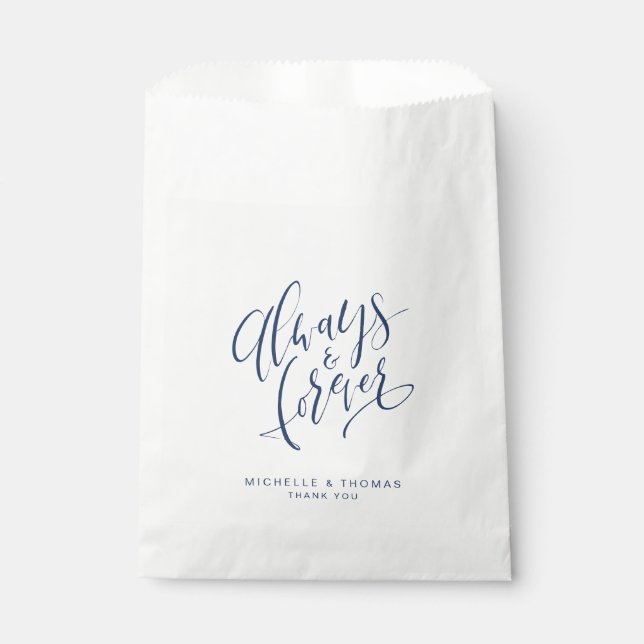 Navy Blue Always And Forever Script Wedding Favour Bag (Front)