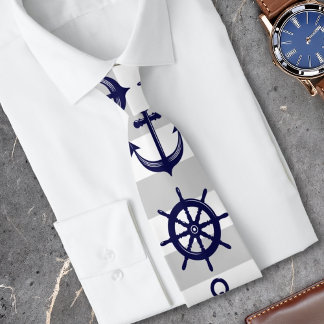 Navy Blue Anchor and Boat Wheel Nautical Tie