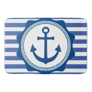 Navy Blue Anchor And Stripes Nautical Bath Mat