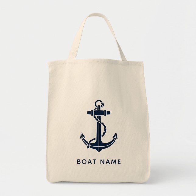 Navy Blue Anchor Boat Name Custom Tote Bag (Front)