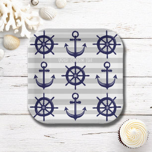 Navy Blue Anchor Boat Wheel Gray Striped Nautical Paper Plate
