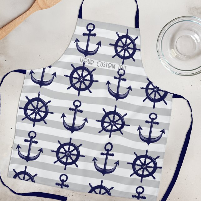 Navy Blue Anchor Boat Wheel Grey Stripe Nautical Apron (Creator Uploaded)