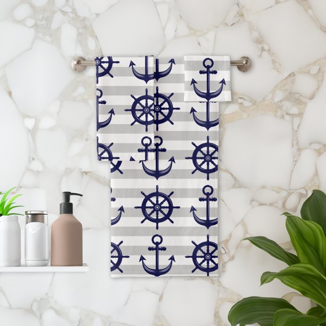 Navy Blue Anchor Boat Wheel Grey Stripe Nautical Bath Towel Set (Creator Uploaded)