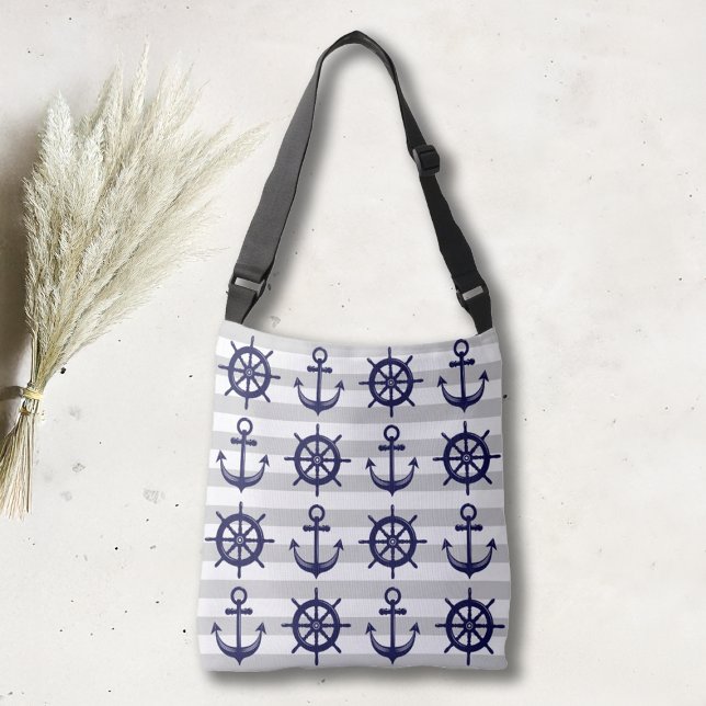 Navy Blue Anchor Boat Wheel Grey Stripe Nautical Crossbody Bag (Creator Uploaded)