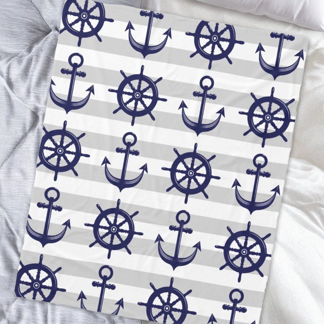 Navy Blue Anchor Boat Wheel Grey Stripe Nautical Fleece Blanket (Creator Uploaded)