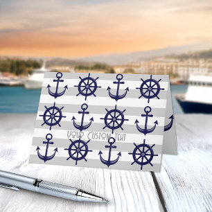 Navy Blue Anchor Boat Wheel Grey Striped Nautical Card