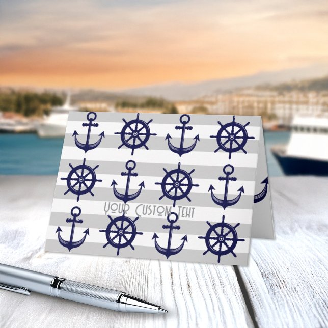 Navy Blue Anchor Boat Wheel Grey Striped Nautical Card (Creator Uploaded)