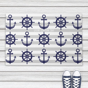 Navy Blue Anchor Boat Wheel Grey Striped Nautical Doormat