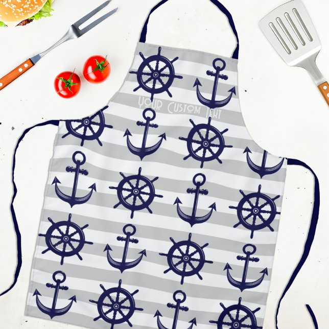 Navy Blue Anchor Boat Wheel Striped Nautical Apron (Creator Uploaded)