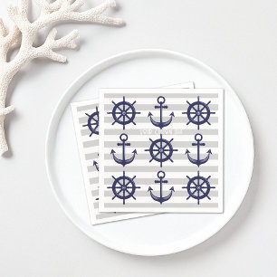 Navy Blue Anchor Boat Wheel Striped Nautical Paper Napkin