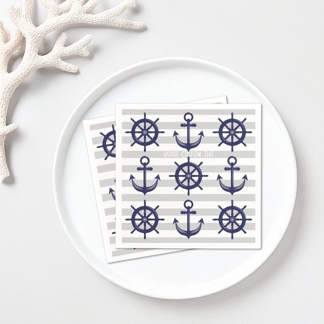 Navy Blue Anchor Boat Wheel Striped Nautical Paper Napkin (Creator Uploaded)