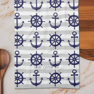 Navy Blue Anchor Boat Wheel Striped Nautical Tea Towel