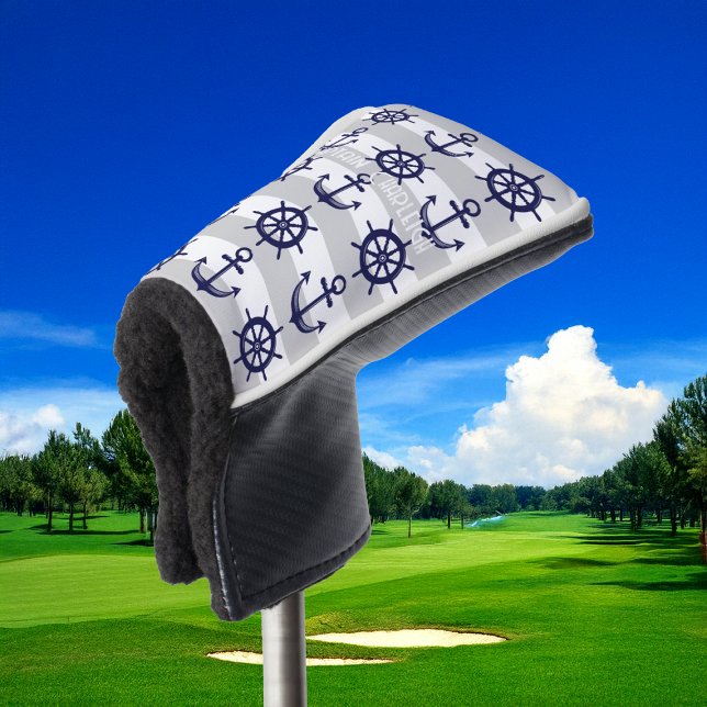 Navy Blue Anchor Boat Wheel White Striped Nautical Golf Head Cover (Creator Uploaded)