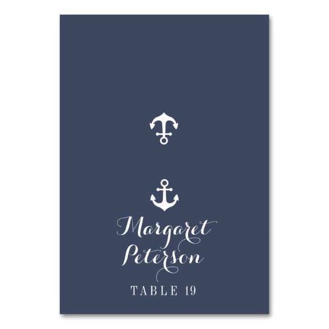 Navy Blue Anchor By The Sea Wedding Place Table Number (Front)