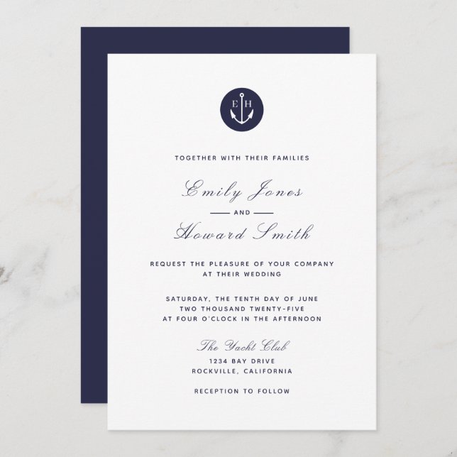 Navy Blue Anchor - Families Wedding Invitations (Front/Back)