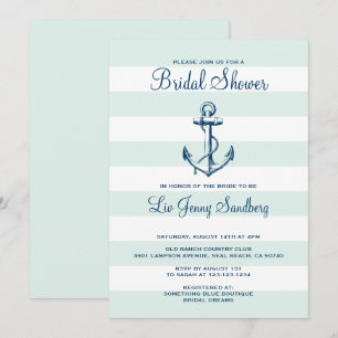 Navy Blue Anchor & Mint Stripes Bridal Shower Invitation
