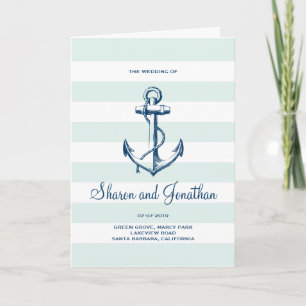 Navy Blue Anchor & Mint Stripes Nautical Wedding Program