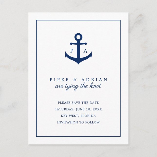 Navy Blue Anchor Monogram Nautical Save the Date Announcement Postcard (Front)