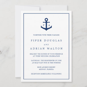 Navy Blue Anchor Monogram Nautical Wedding Invitation