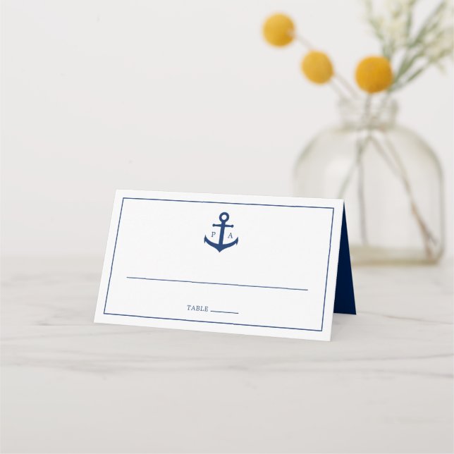 Navy Blue Anchor Monogram Nautical Wedding Place Card (Front)