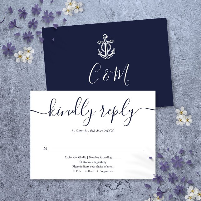 Navy Blue Anchor Monogram Nautical Wedding RSVP Card (Navy Blue Anchor Monogram Nautical Wedding RSVP Card)