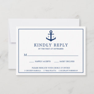Navy Blue Anchor Monogram Nautical Wedding RSVP Card