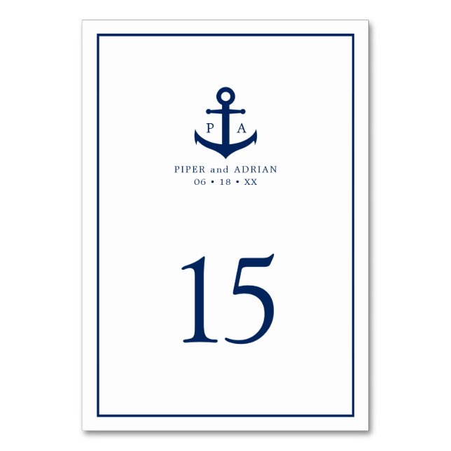 Navy Blue Anchor Monogram Nautical Wedding Table Number (Front)