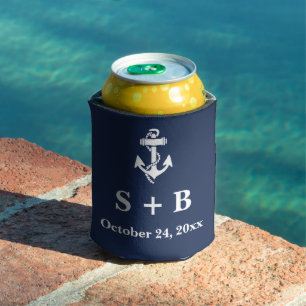 Navy Blue Anchor Nautical Beach Ocean Wedding  Can Cooler