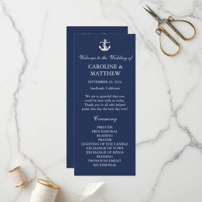 Navy Blue Anchor Nautical Elegant Modern Wedding  Program (Front/Back In Situ)