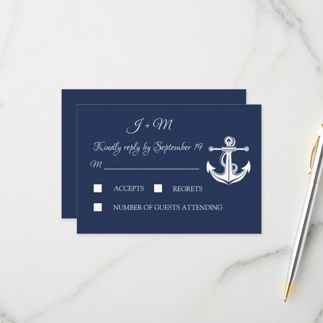 Navy Blue Anchor Nautical Elegant Summer RSVP Card (Front/Back In Situ)