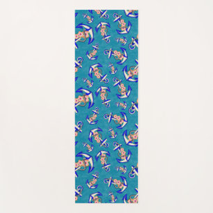Navy Blue Anchor Nautical Floral on Blue Yoga Mat