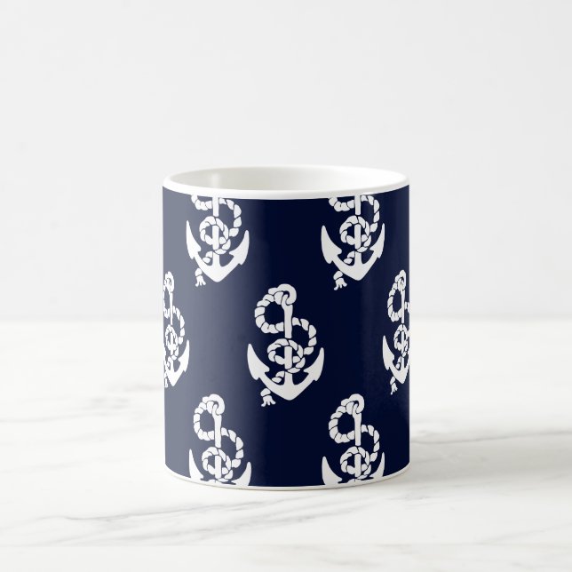 Navy Blue Anchor Nautical Pattern Coffee Mug (Center)