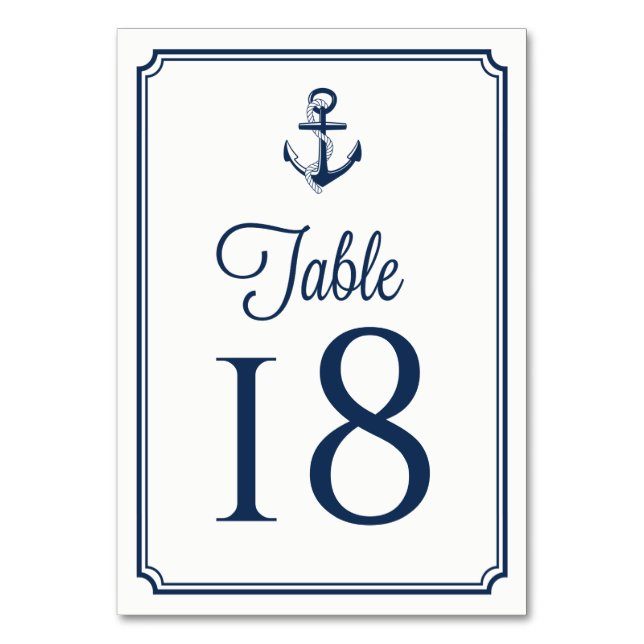Navy Blue Anchor Nautical Table Numbers Card (Front)