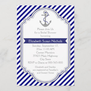 Navy blue anchor nautical wedding bridal shower invitation
