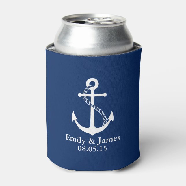 Navy Blue Anchor Nautical Wedding Favour Can Cooler (Can Front)