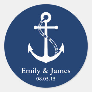Navy Blue Anchor Nautical Wedding Favour Classic Round Sticker