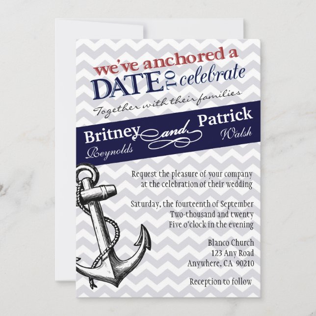 Navy Blue Anchor Nautical Wedding Invitations (Front)