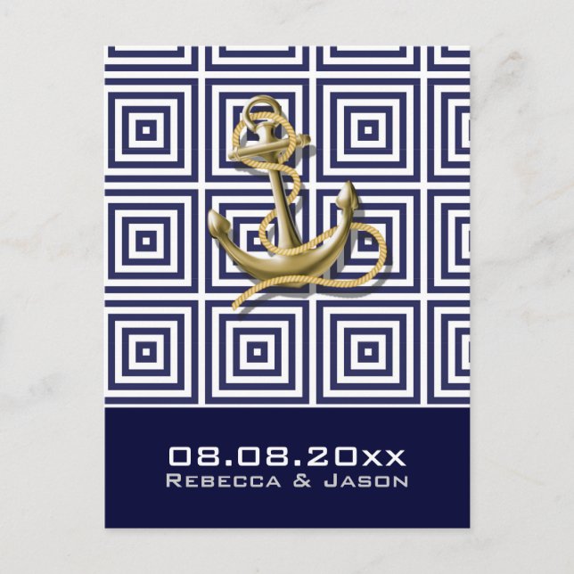 Navy Blue anchor nautical wedding save the date Announcement Postcard (Front)