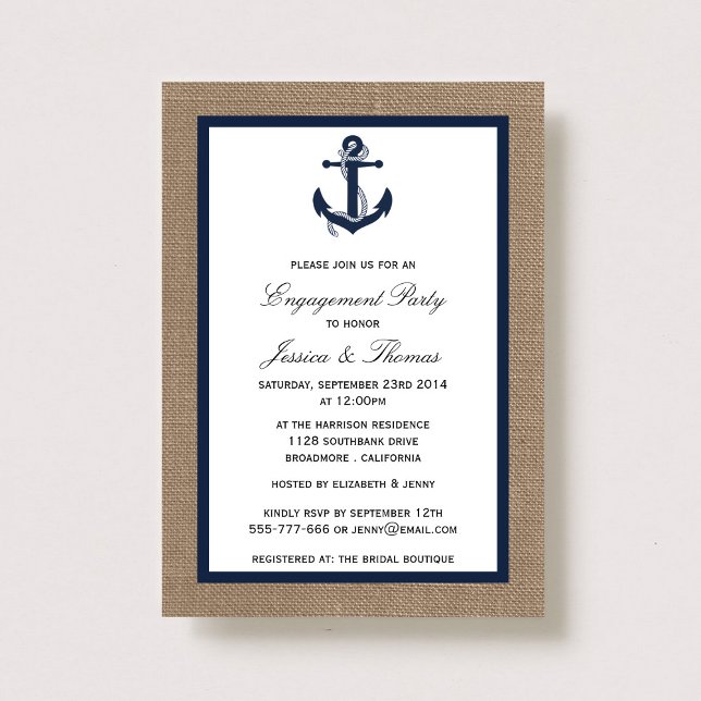 Navy Blue Anchor On Burlap Nautical Engagement Invitation (Creator Uploaded)