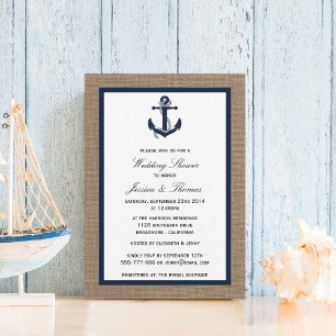 Navy Blue Anchor On Burlap Nautical Wedding Shower Invitation
