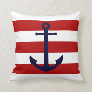 Navy Blue Anchor On Red And White Stripes Cushion