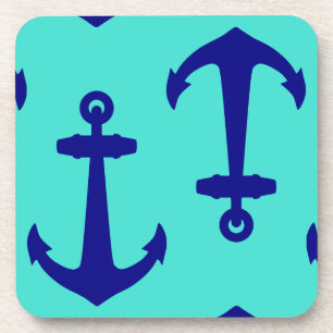 Navy Blue Anchor On Turquoise Coastal Decor Coaster
