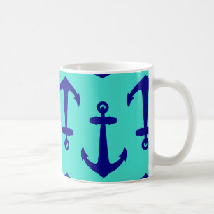 Navy Blue Anchor On Turquoise Coastal Decor Coffee Mug