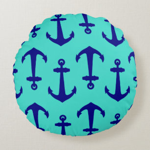 Navy Blue Anchor On Turquoise Coastal Decor Round Cushion