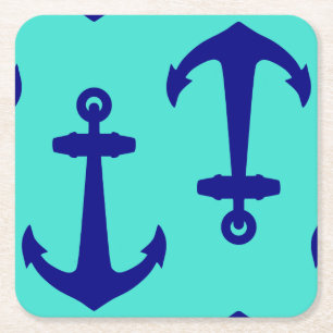 Navy Blue Anchor On Turquoise Coastal Decor Square Paper Coaster