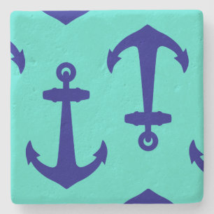 Navy Blue Anchor On Turquoise Coastal Decor Stone Coaster