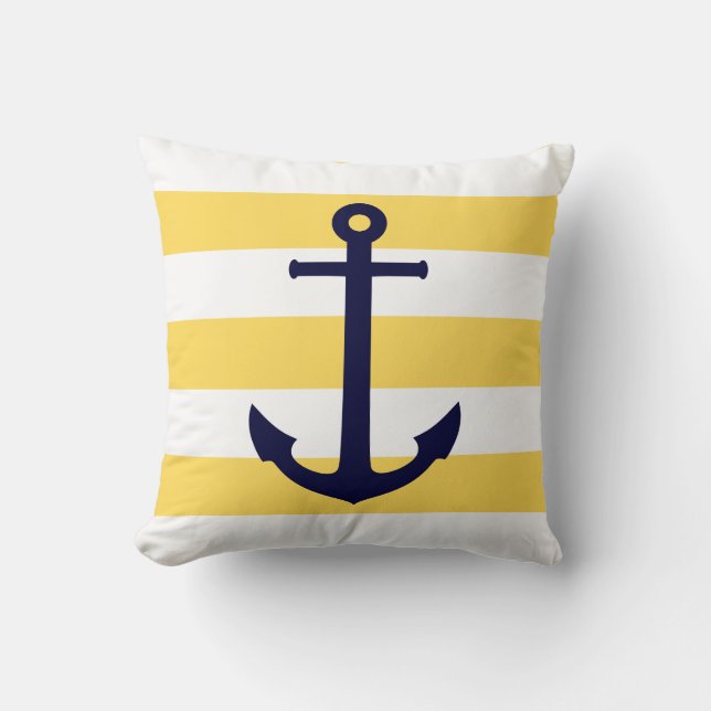Navy Blue Anchor On Yellow And White Stripes Cushion (Front)