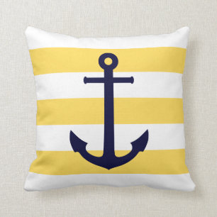 Navy Blue Anchor On Yellow And White Stripes Cushion
