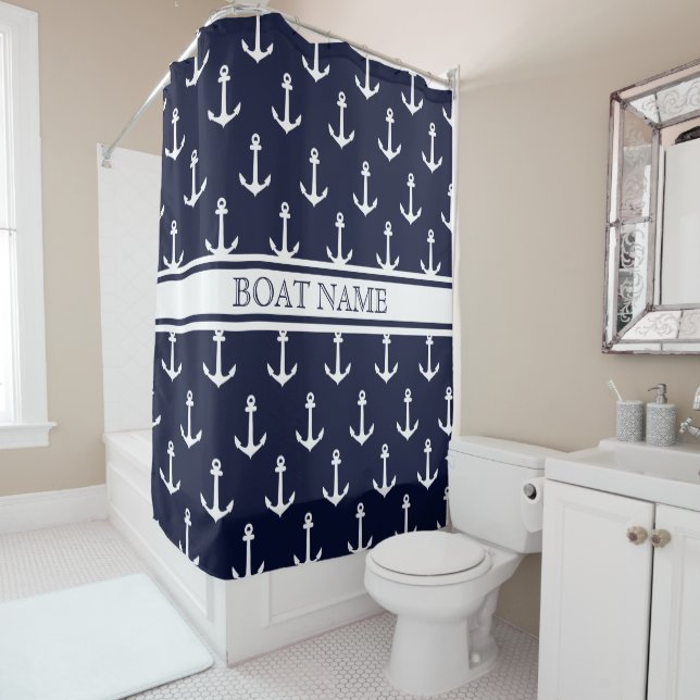 Navy Blue Anchor Pattern Nautical Boat Name Shower Curtain (In Situ)