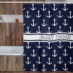 Navy Blue Anchor Pattern Nautical Boat Name Shower Curtain